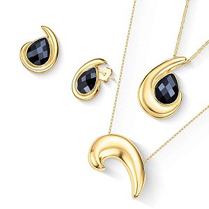 Colar e brinco gota pedra natural ágata preta perolada ouro semijoia