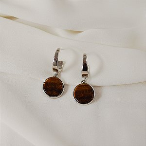 Brinco meia argola pedra natural olho de tigre ródio semijoia