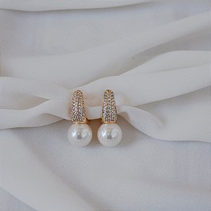 Brinco argolinha pérola zircônia ouro semijoia 19k14019