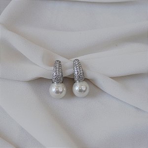 Brinco argolinha pérola zircônia ródio semijoia 19k14019