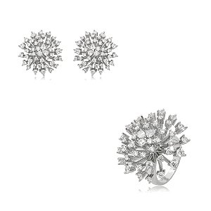 Conjunto de brinco e anel chuveiro zircônia ródio semijoia TZ250819