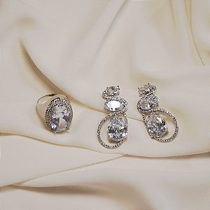 Conjunto de brinco e anel zircônia ródio semijoia E251024