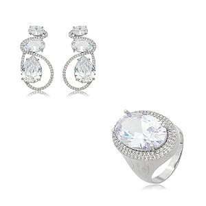 Conjunto de brinco e anel zircônia ródio semijoia E251024