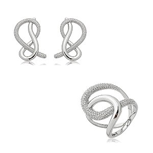 Conjunto de brinco e anel elos trançados zircônia ródio semijoia E251031