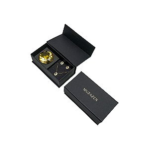 Kit Colar e Brinco oval cristal amarelo com Caixa Decorativa Diamante