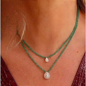 Colar pedra natural ônix verde com moissanite gota prata 925