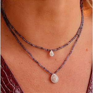 Colar pedra natural iolita com moissanite gota prata 925