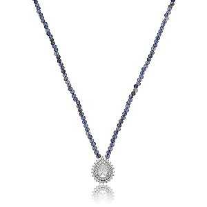 Colar pedra natural iolita com moissanite gota prata 925