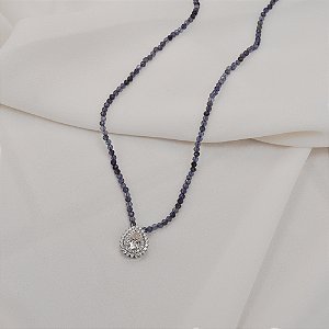 Colar pedra natural iolita com moissanite gota prata 925