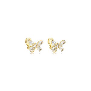 Brinco pressão borboleta cristal ouro semijoia
