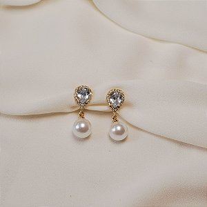 Brinco pressão gota zircônia pérola ouro semijoia