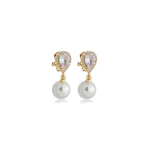 Brinco pressão gota zircônia pérola ouro semijoia