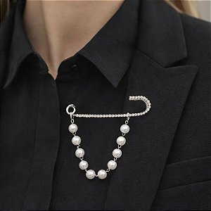 Broche alfinete pérolas zircônia prateado
