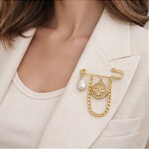 Broche alfinete penduricalhos pérola Divino Espírito Santo dourado