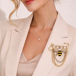 Broche alfinete penduricalhos abelha pérola dourado