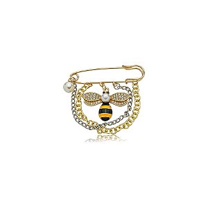 Broche alfinete penduricalhos abelha pérola dourado
