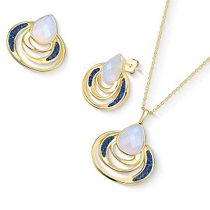 Colar e brinco gota pedra naturais opalina perolada e cianita azul ouro semijoia