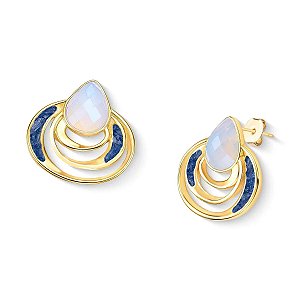 Brinco gota pedras naturais opalina perolada e cianita azul ouro semijoia