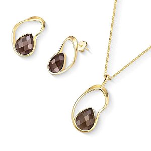 Colar e brinco orgânico pedra natural obsidiana fumê perolada ouro semijoia