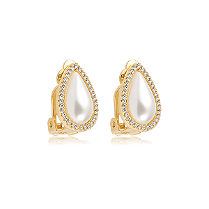 Brinco pressão gota pérola zircônia ouro semijoia 26k02010