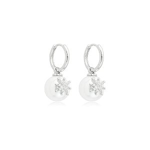 Brinco argolinha pingente pérola estrela zircônia ródio semijoia 26k06002
