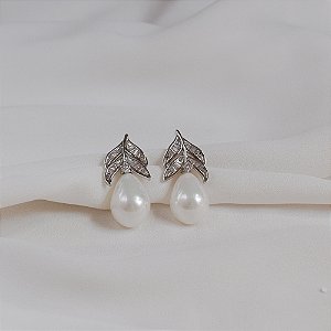 Brinco folha pérola gota zircônia ródio semijoia 26k06005