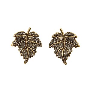 Brinco Morena Canela folha m strass black diamond ouro semijoia