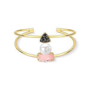 Bracelete pedras naturais quartzo rosa pirita e pérola shell ouro semijoia