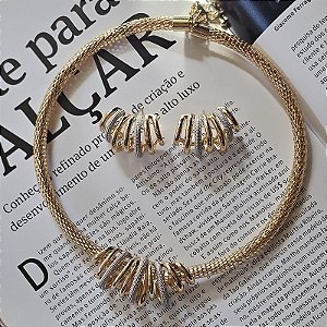 Colar e brinco aros ouro e ródio semijoia XL 2677 BA 7962