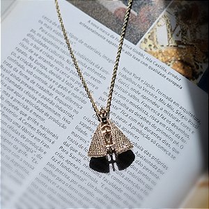 Colar Nossa Senhora Aparecida dupla face zircônia azul ouro semijoia BO457