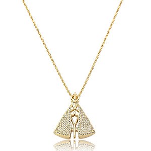 Colar Nossa Senhora Aparecida dupla face zircônia azul ouro semijoia BO457
