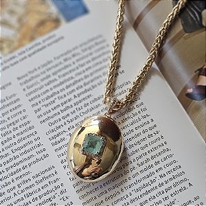 Colar relicário oval cristal turmalina ouro semijoia BO547