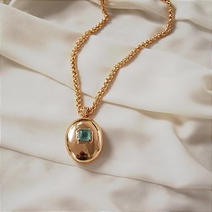 Colar relicário oval cristal turmalina ouro semijoia BO547