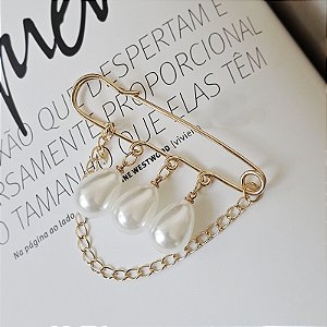 Broche alfinete pérolas corrente dourado