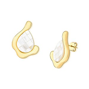 Brinco pedra natural madrepérola mosaico gota ouro semijoia