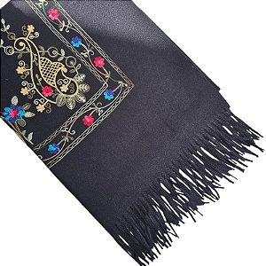 Pashimina cashmere bordado floral e paisley preto