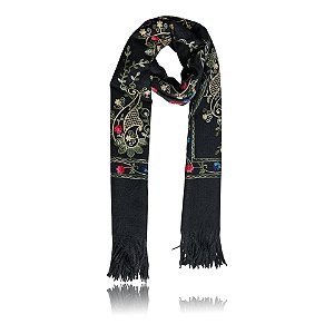 Pashimina cashmere bordado floral e paisley preto