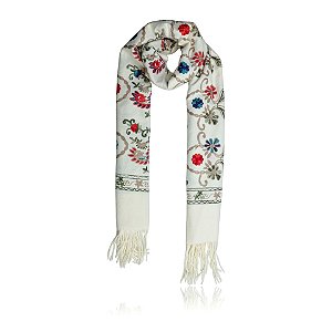 Pashimina cashmere bordado floral e paisley creme
