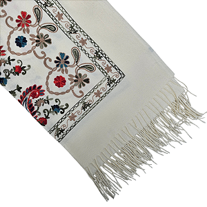 Pashimina cashmere bordado floral e paisley creme