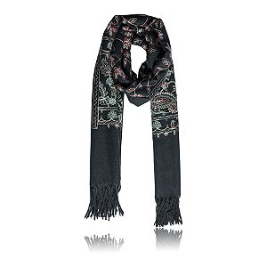 Pashimina cashmere bordado floral e paisley preto