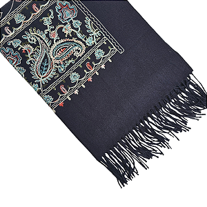 Pashimina cashmere bordado floral e paisley preto
