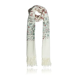 Pashimina cashmere bordado floral e paisley creme