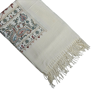 Pashimina cashmere bordado floral e paisley creme