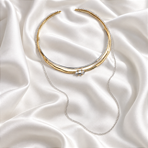 Colar chocker Bah Porto múltipla prata e ouro semijoia