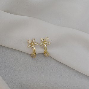 Brinco pressão flor zircônia ouro semijoia 7268305