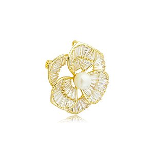 Broche flor zircônia pérola dourado 6376804