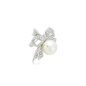 Broche laço pérola strass prateado