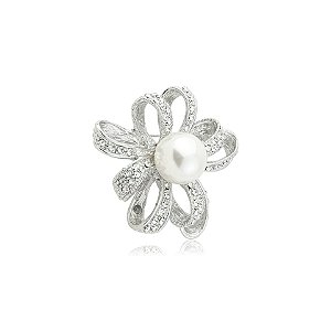 Broche flor pérola strass prateado