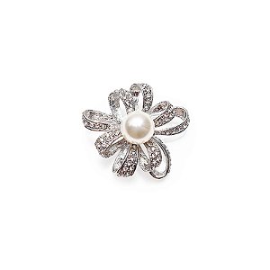 Broche flor pérola strass prateado