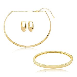 Kit colar brinco e bracelete liso ouro semijoia